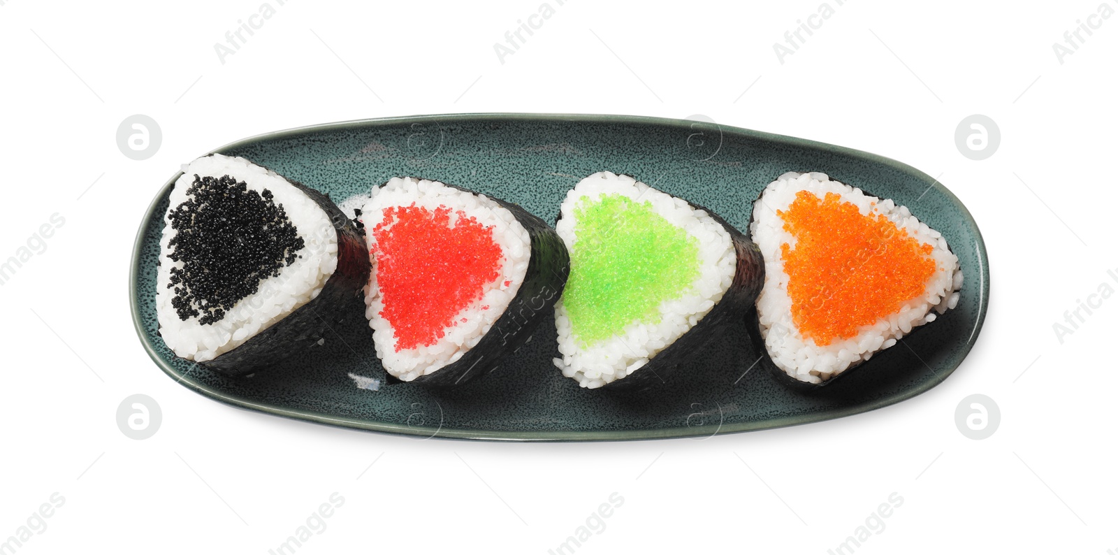 Tasty tobiko onigiri (Japanese rice balls) on white background, top view Photo of Tasty tobiko onigiri (Japanese rice balls) on white background, top view