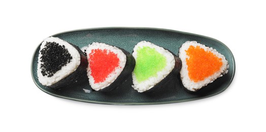 Photo of Tasty tobiko onigiri (Japanese rice balls) on white background, top view