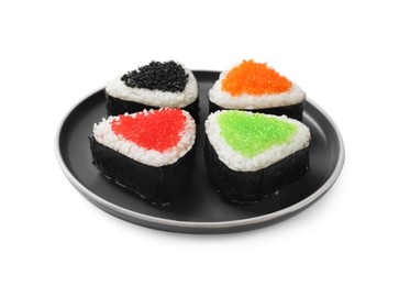 Photo of Tasty tobiko onigiri (Japanese rice balls) on white background