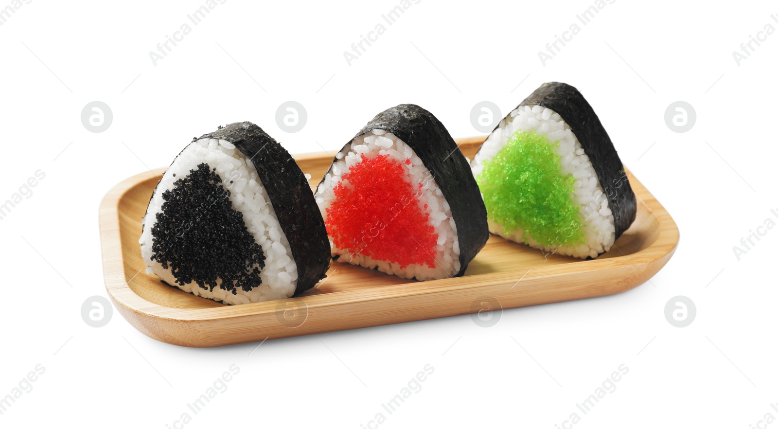Tasty tobiko onigiri (Japanese rice balls) on white background Photo of Tasty tobiko onigiri (Japanese rice balls) on white background