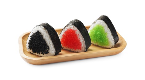 Photo of Tasty tobiko onigiri (Japanese rice balls) on white background