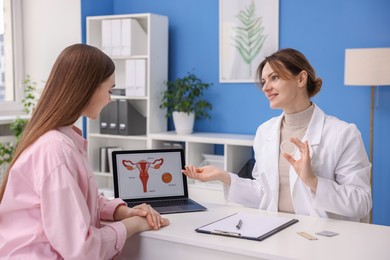 Contraception. Gynecologist recommending vaginal ring to woman in clinic