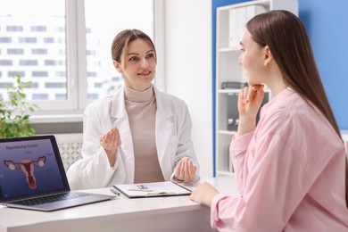 Contraception. Woman having appointment with gynecologist in clinic