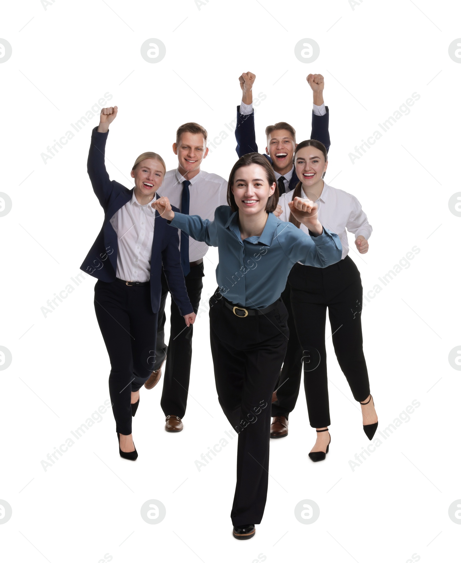 Photo of Competition concept. Happy businesswoman running ahead of her colleagues on white background