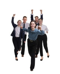 Photo of Competition concept. Happy businesswoman running ahead of her colleagues on white background