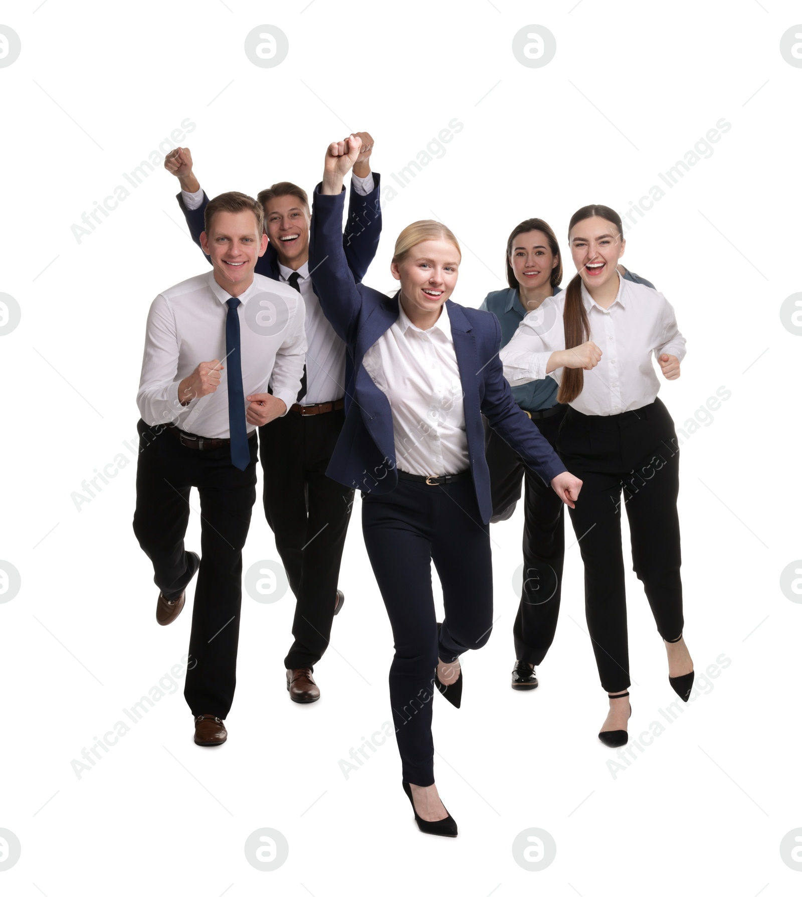 Photo of Competition concept. Group of happy businesspeople running on white background