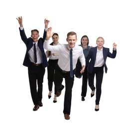 Competition concept. Group of happy businesspeople running on white background