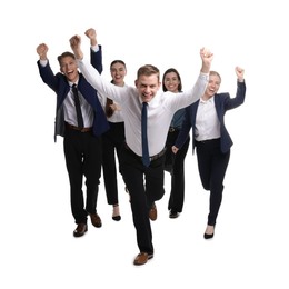 Photo of Competition concept. Group of happy businesspeople running on white background