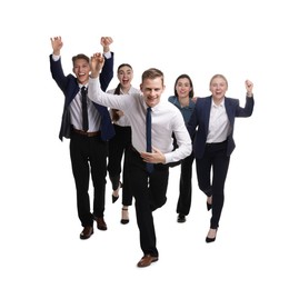 Competition concept. Group of happy businesspeople running on white background