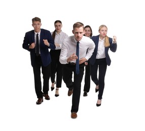 Competition concept. Group of businesspeople running on white background