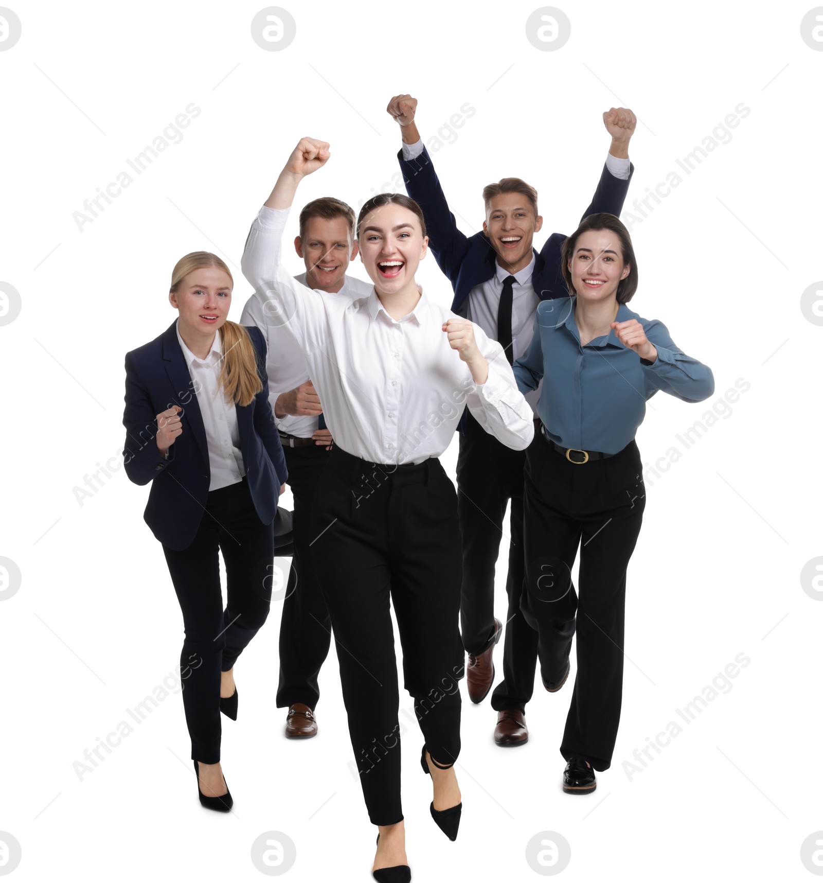 Photo of Competition concept. Group of happy businesspeople running on white background