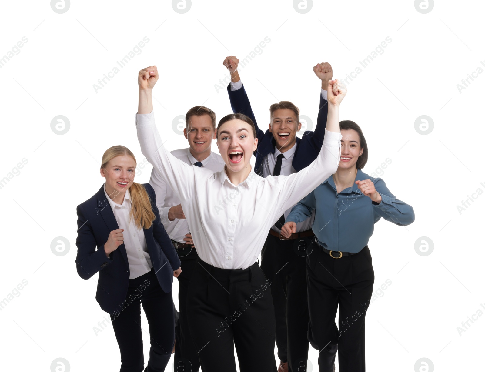 Photo of Competition concept. Group of happy businesspeople running on white background