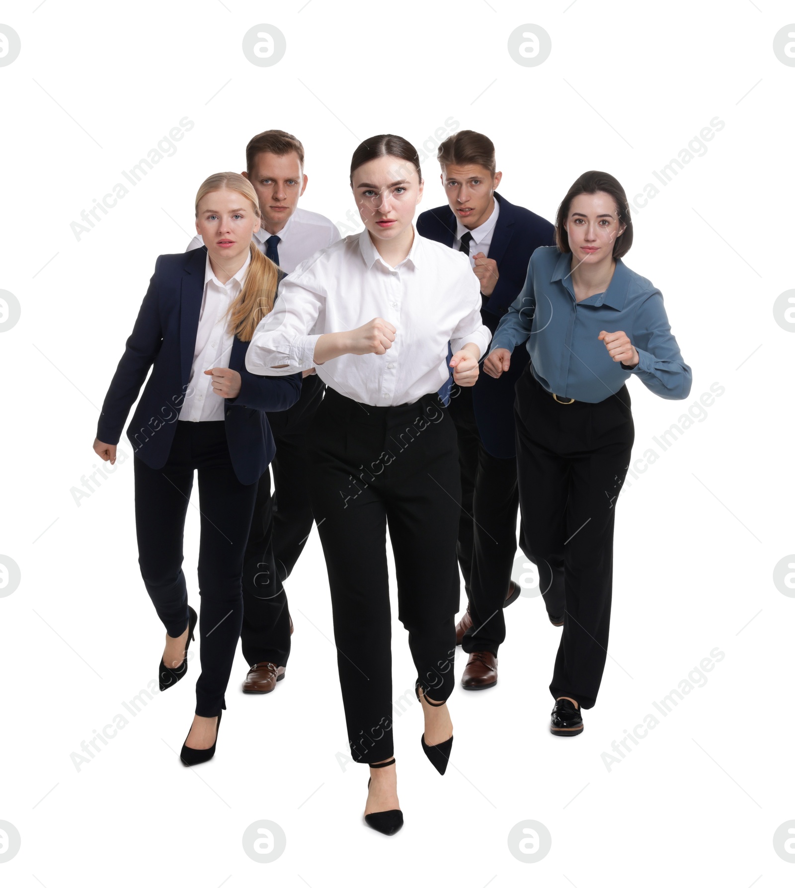 Photo of Competition concept. Group of businesspeople running on white background