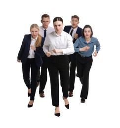 Competition concept. Group of businesspeople running on white background