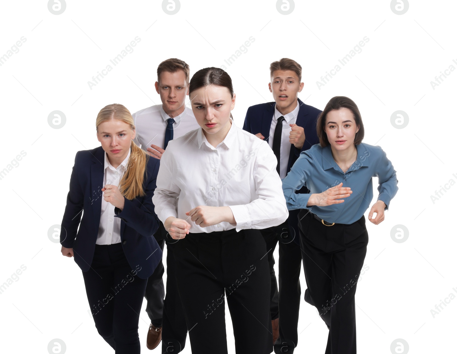 Photo of Competition concept. Group of businesspeople running on white background