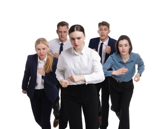 Competition concept. Group of businesspeople running on white background