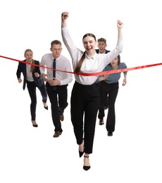 Competition concept. Happy businesswoman crossing red finish line ahead of her colleagues on white background