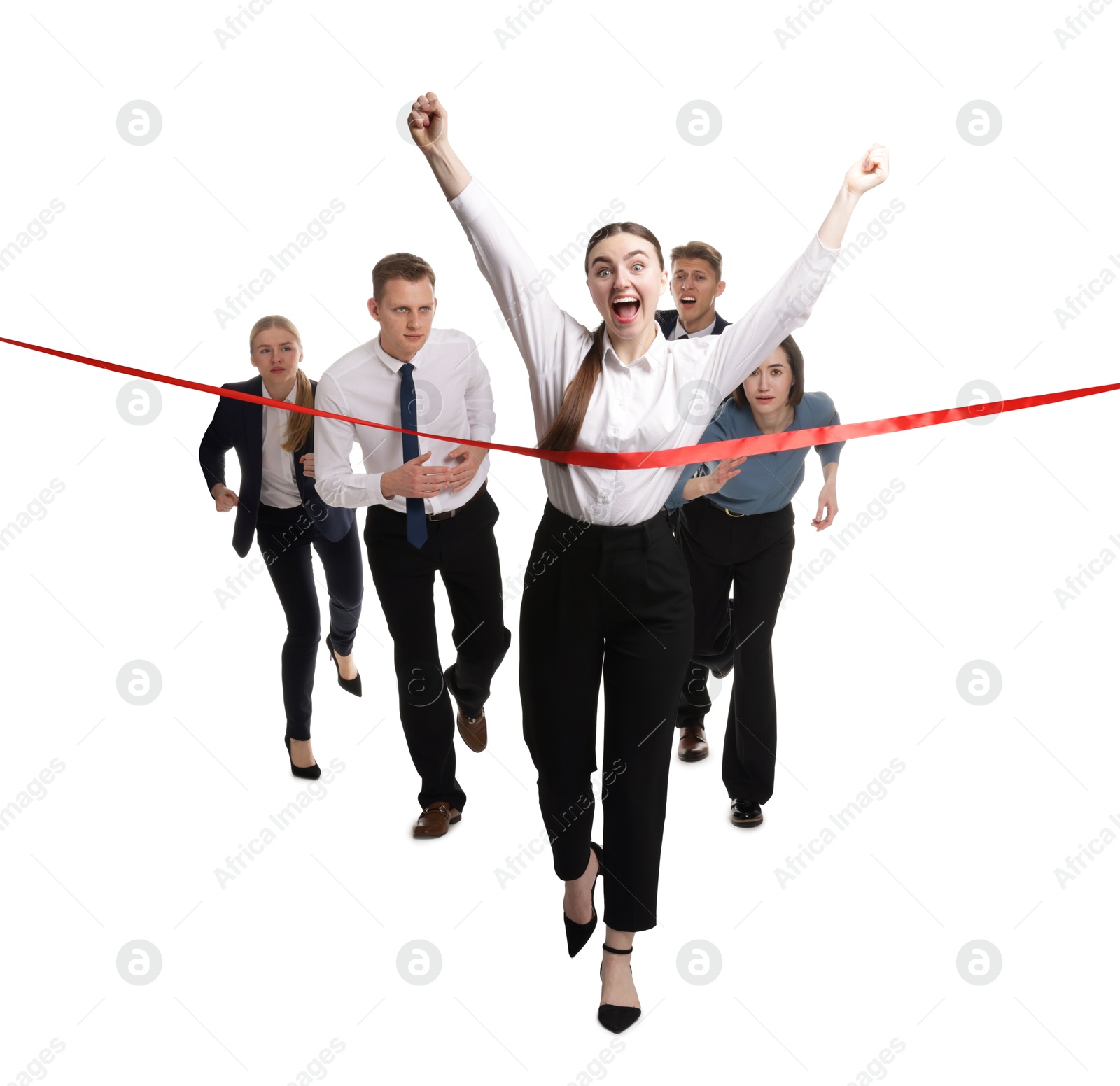 Photo of Competition concept. Happy businesswoman crossing red finish line ahead of her colleagues on white background