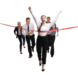 Competition concept. Happy businesswoman crossing red finish line ahead of her colleagues on white background