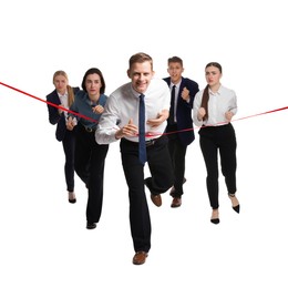 Competition concept. Happy businessman crossing red finish line ahead of his colleagues on white background