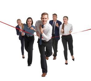 Competition concept. Happy businessman crossing red finish line ahead of his colleagues on white background