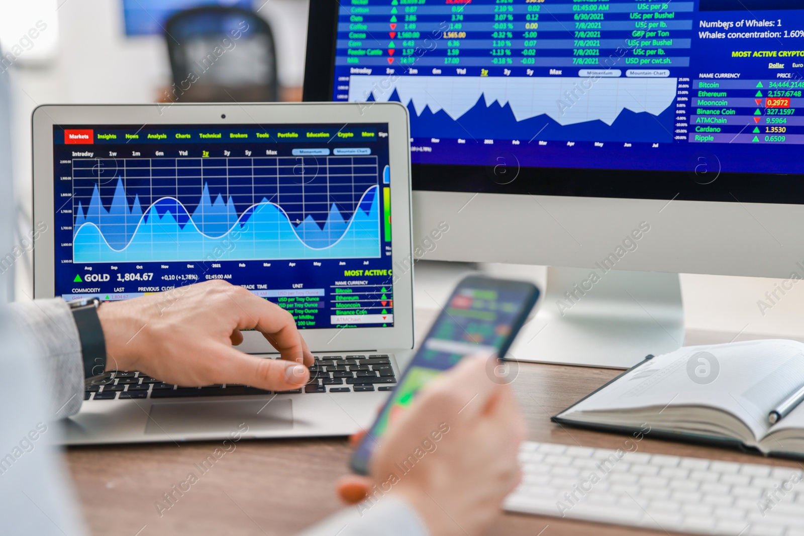 Photo of Financial trading specialist with smartphone and laptop at table in office, closeup