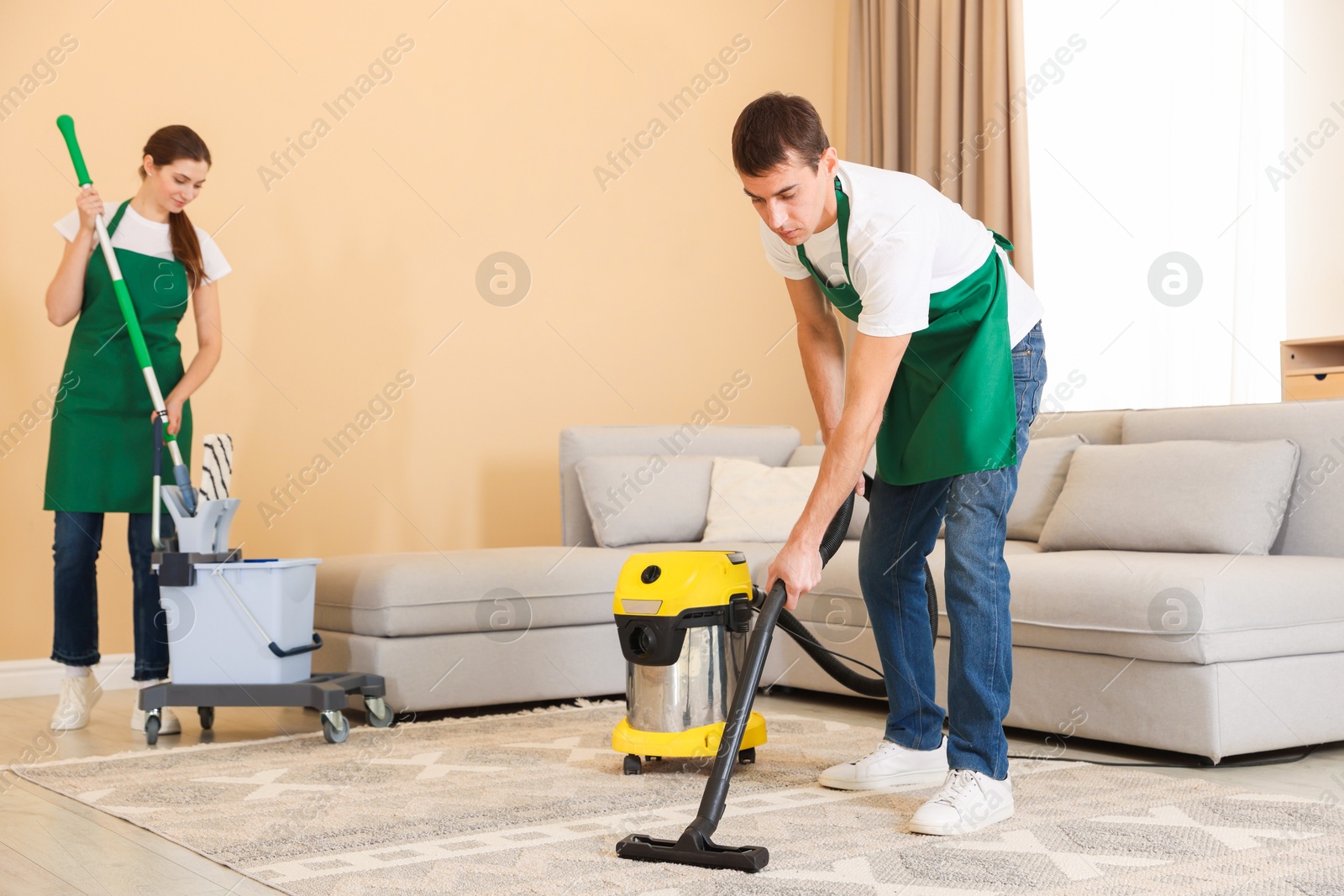 Photo of Professional cleaning service team working in room