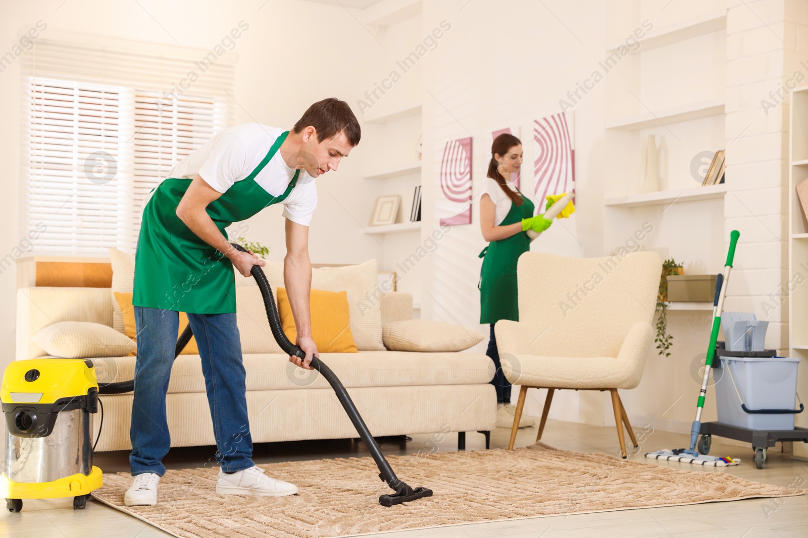 Photo of Professional cleaning service team working in room