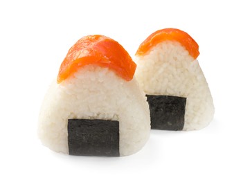 Photo of Tasty salmon onigiri (Japanese rice balls) isolated on white