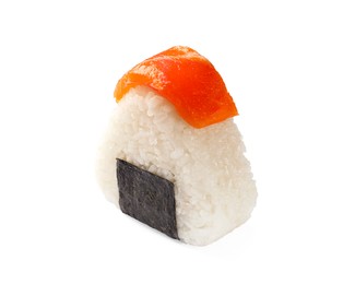 Photo of Tasty salmon onigiri (Japanese rice ball) isolated on white