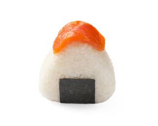 Photo of Tasty salmon onigiri (Japanese rice ball) isolated on white