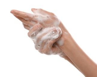 Photo of Woman washing hands with foaming soap on white background, closeup. Hygiene