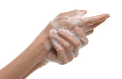 Photo of Woman washing hands with foaming soap on white background, closeup. Hygiene