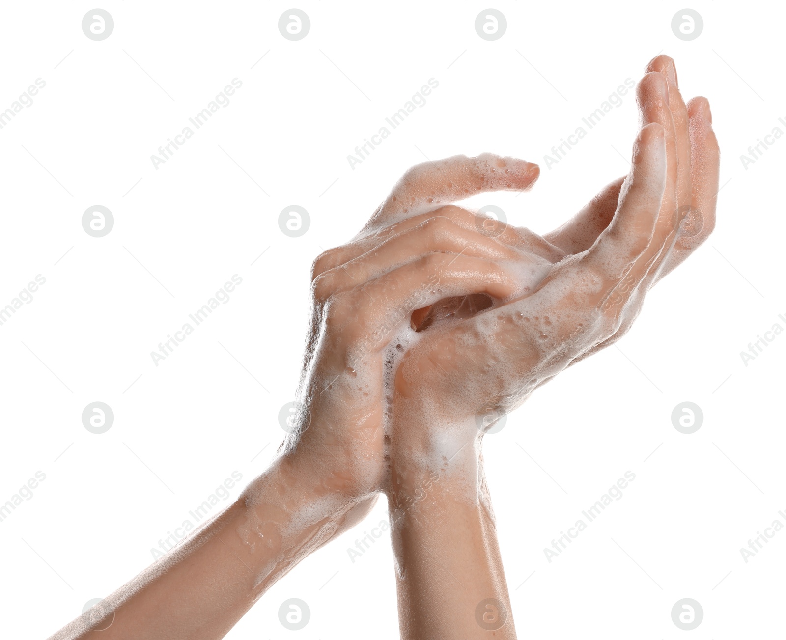 Photo of Woman washing hands with foaming soap on white background, closeup. Hygiene