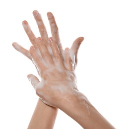 Photo of Woman washing hands with foaming soap on white background, closeup. Hygiene