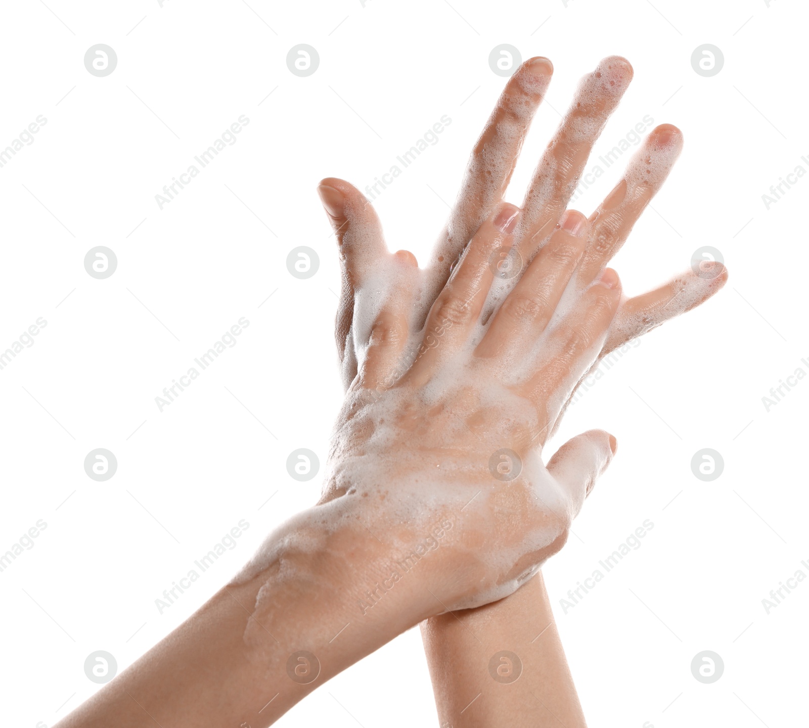 Photo of Woman washing hands with foaming soap on white background, closeup. Hygiene