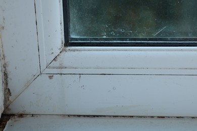 Window affected with black mold indoors, closeup view