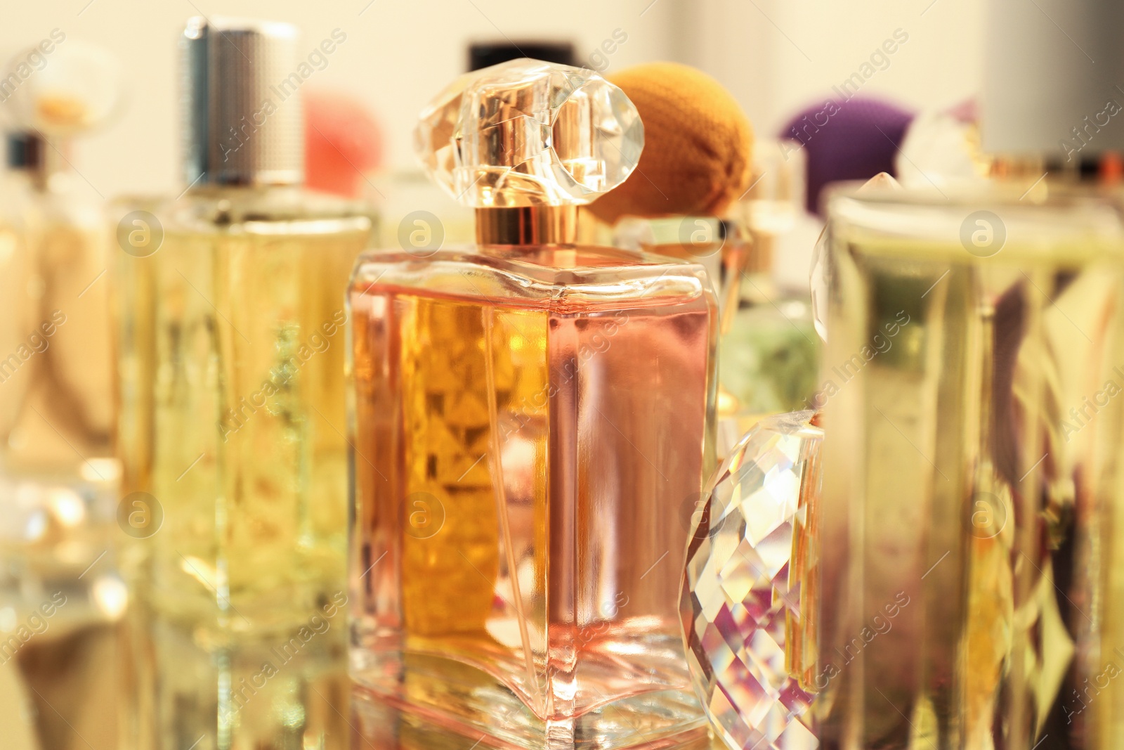 Photo of Different aromatic perfumes in bottles on mirror surface, closeup