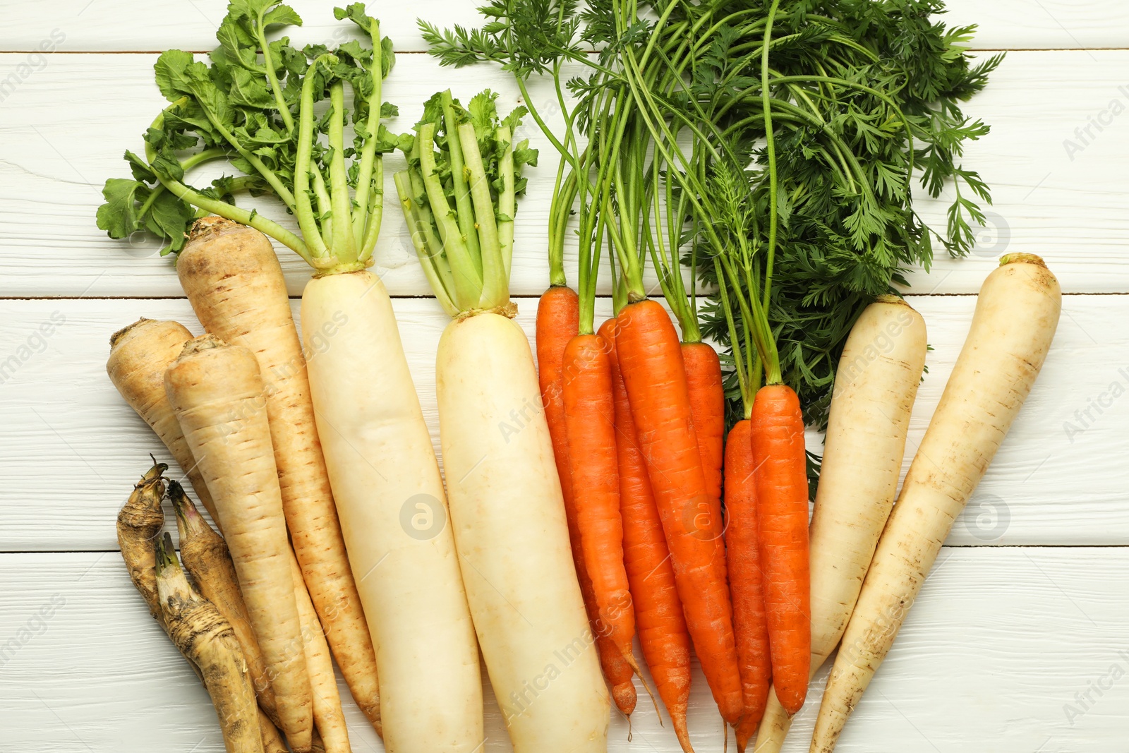 Photo of Different root vegetables on white wooden table, flat lay