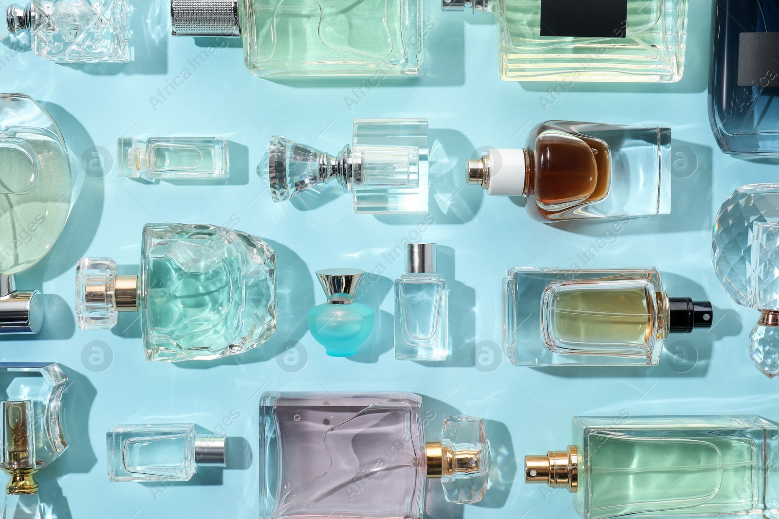 Bottles of various perfumes on light blue background, flat lay Photo of Bottles of various perfumes on light blue background, flat lay
