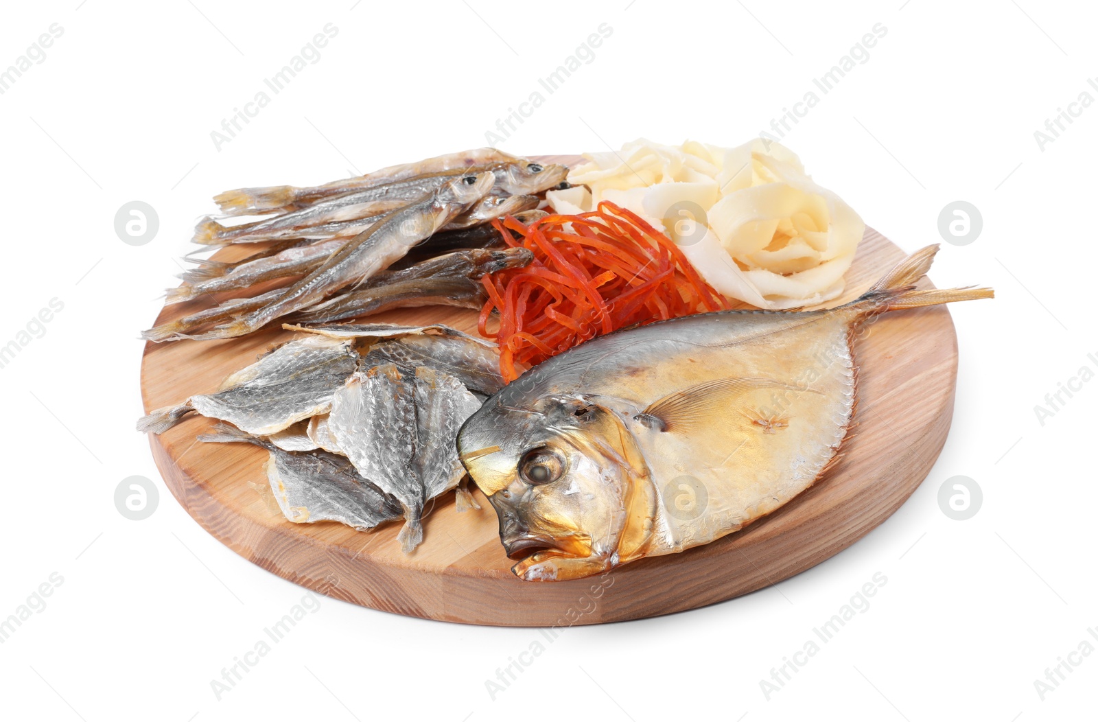 Photo of Many different dried fish snacks isolated on white