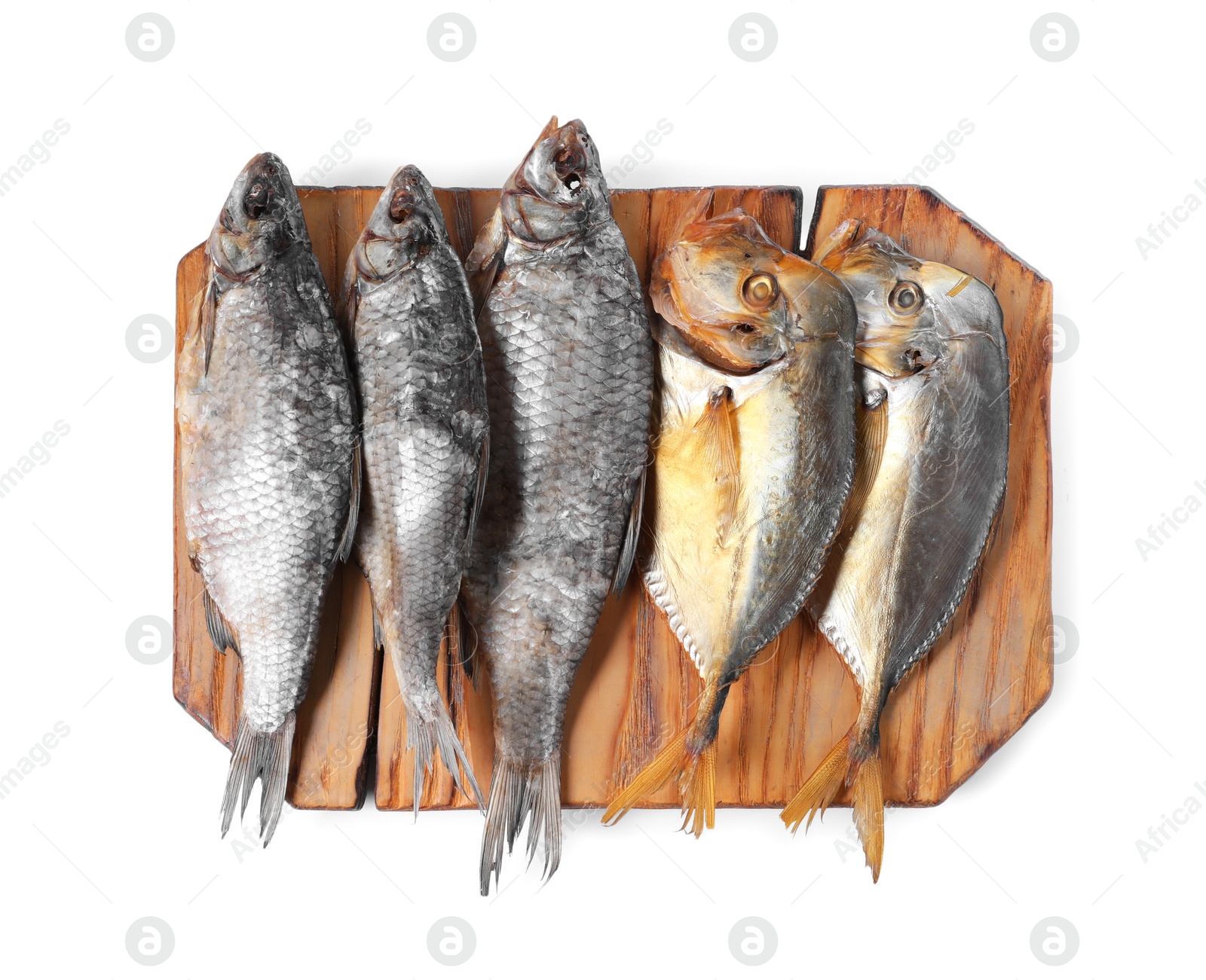 Photo of Many different dried fish isolated on white, top view