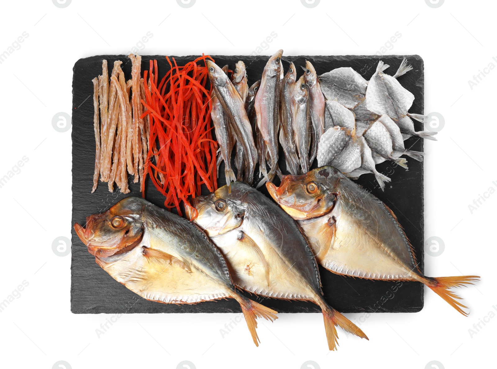 Photo of Many different dried fish snacks isolated on white, top view