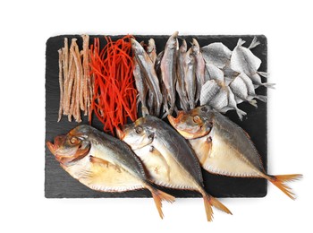 Photo of Many different dried fish snacks isolated on white, top view