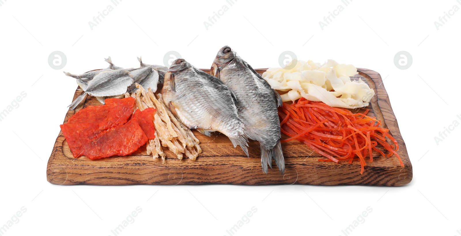 Photo of Many different dried fish snacks isolated on white