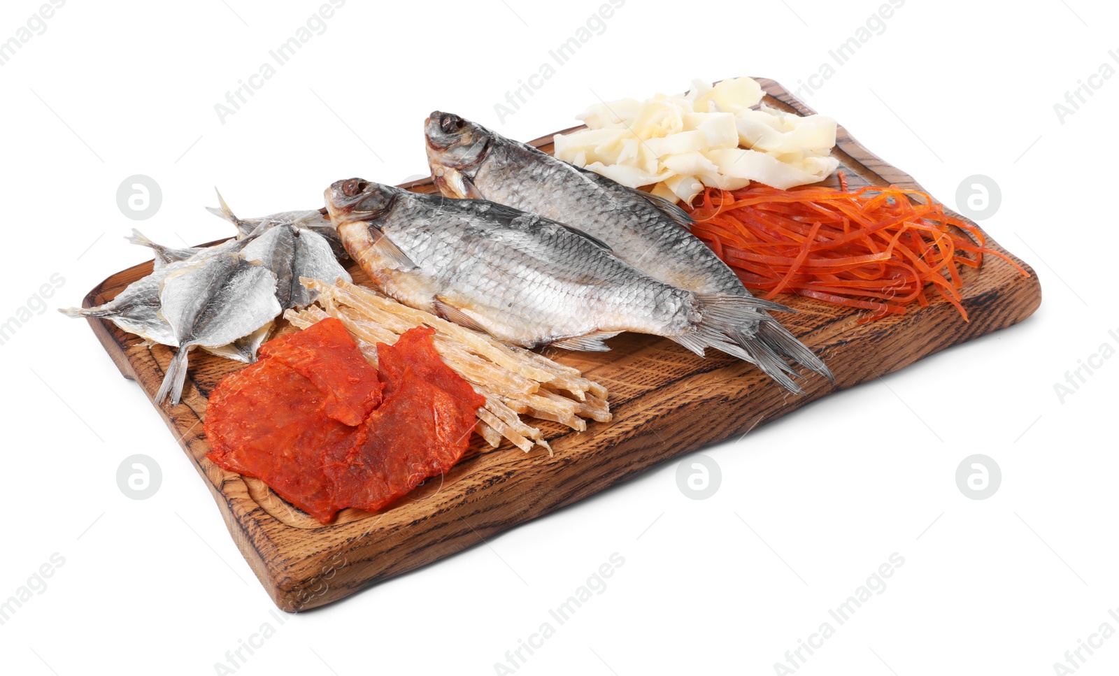 Photo of Many different dried fish snacks isolated on white