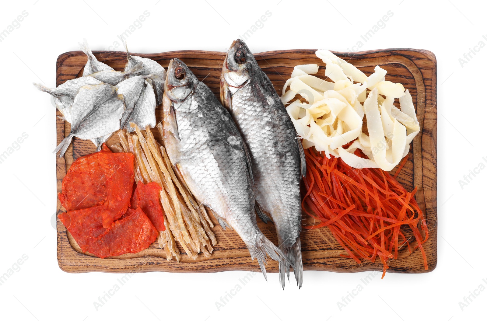 Photo of Many different dried fish snacks isolated on white, top view