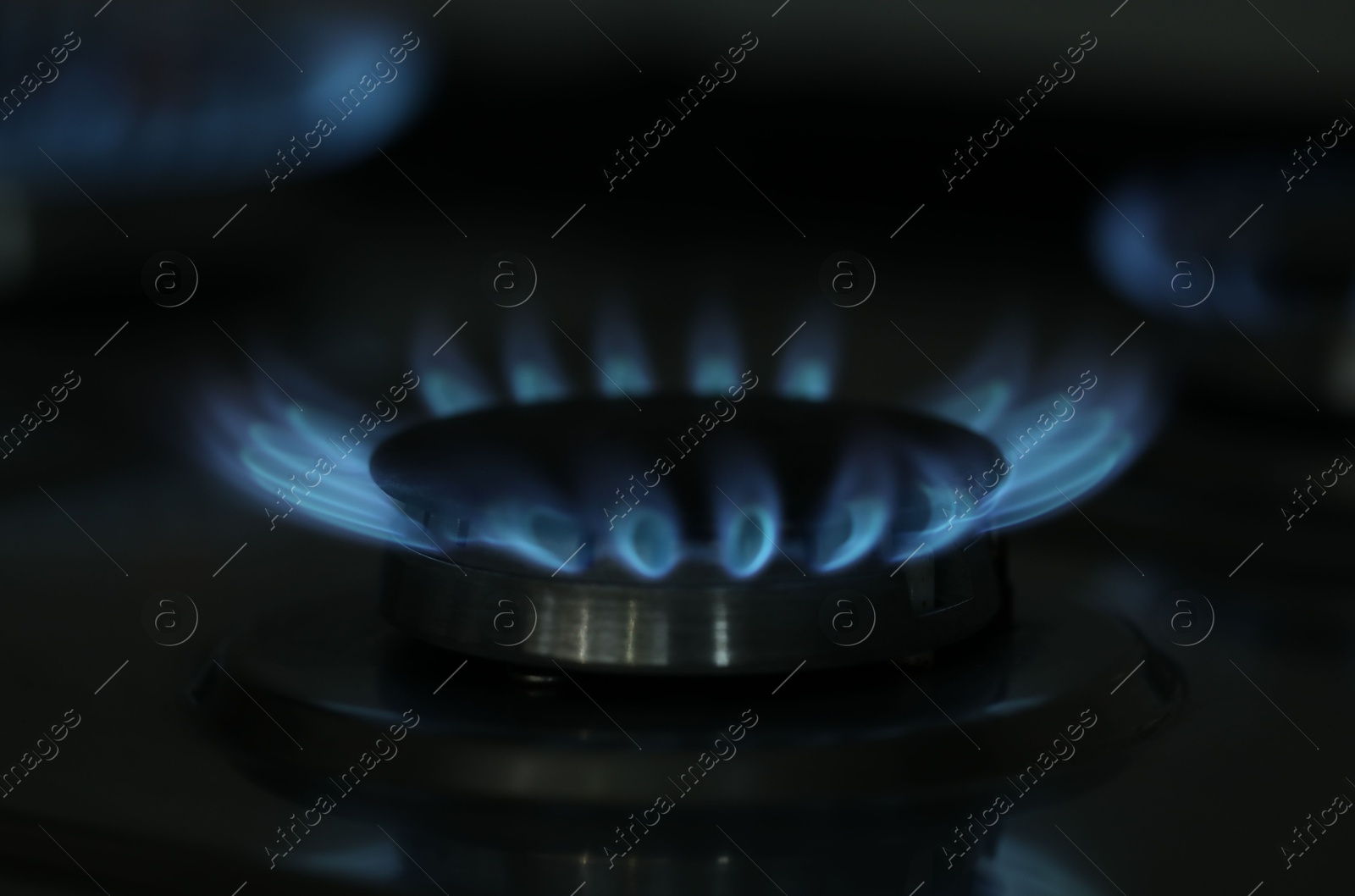 Photo of Gas burners with blue flame on stove, closeup