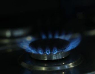 Photo of Gas burner with blue flame on stove, closeup