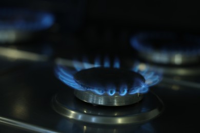 Photo of Gas burners with blue flame on stove, closeup